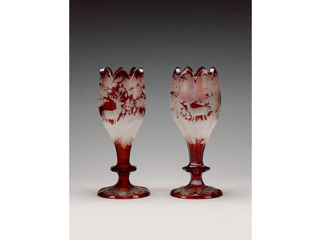 A pair of Bohemian ruby flash vases, circa 1870,