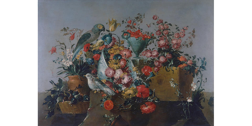 The Pseudo-Guardi (active Venice 2nd half of the 18th Century) An upturned wan-li kraakware bowl filled with sunflowers, convolvulous, roses and other flowers with a basket of figs, a pitcher of cherries, a box of wild roses with a parrot perched on a stone ledge; and A wan-li kraakware dish of pears 107 x 150 cm. (42 1/8 x 59 in.) (2)