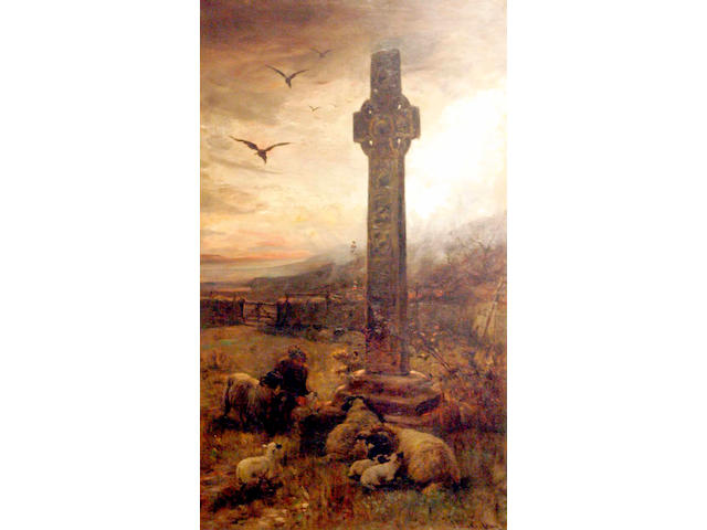 Joseph Denovan Adam (19/20thc) A shepherd and flock sheltering in the lee of a Celtic cross 120 x 70cm
