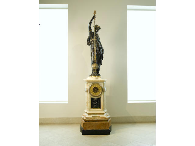 A magnificent third quarter of the 19th century French bronze and onyx conical pendulum clock, possibly exhibited at the Paris Exhibition of 1867 and almost certainly exhibited at the Paris Exhibition of 1878, the bronze figure by Albert-Ernest Carrier-Belleuse The dial signed Societe des Marbres Onix d'Algerie.  G Viot et Cie, Paris.  The movement signed E.FARCOT A PARIS NO 8/EXPon. 1867; The bronze signed A.CARRIER