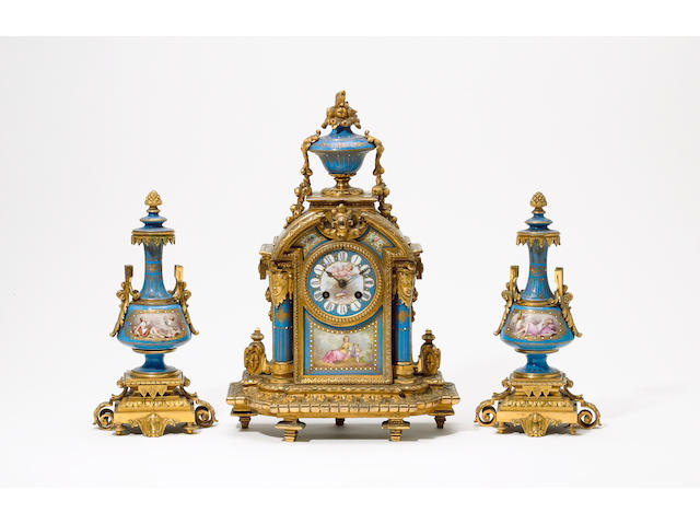 A mid 19th Century gilt brass and porcelain panel French clock garniture Japy Freres, no.2944