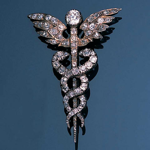 Bonhams : A late 19th century diamond caduceus brooch,