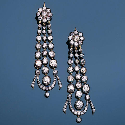 Bonhams : A pair of 19th century diamond pendent earrings