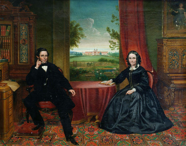 J Simpson (19th Century) 'Portrait of John Henry Hakewill and his wife, seated in their library, their stable block visible through the window' 71 x 91cm