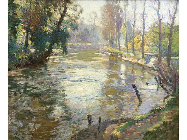 Samuel John 'Lamorna' Birch RA RWS (1869-1949) 'A tree-lined river, probably France' 60 x 71cm