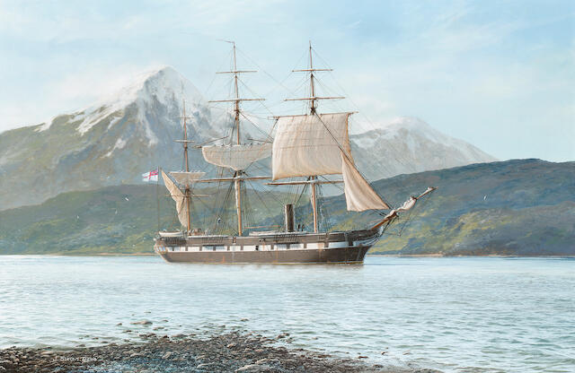 Bonhams John Steven Dews British B 1949 H M S Challenger In Royal Sound Kerguelen Island In The Southern Ocean 50 8 X 76 2cm X 30in