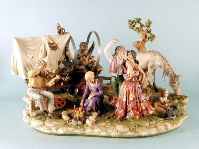A large Capodimonte group titled The Gypsy Encampment circa 1970,