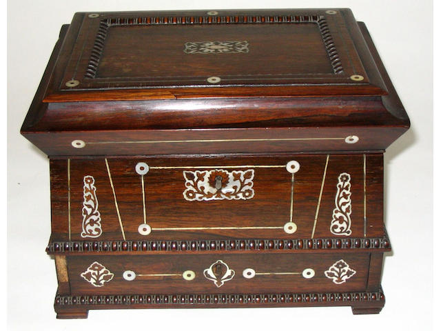 An early Victorian rosewood sewing casket,