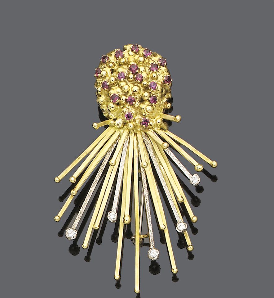 A diamond and ruby-set brooch