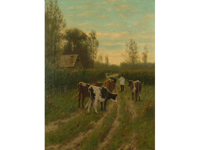 William Frederick Hulk (British, 1852-1906) Drover and cattle on a track at dusk 59.7 x 44.5cm (23 1/2 x 17 1/2in)