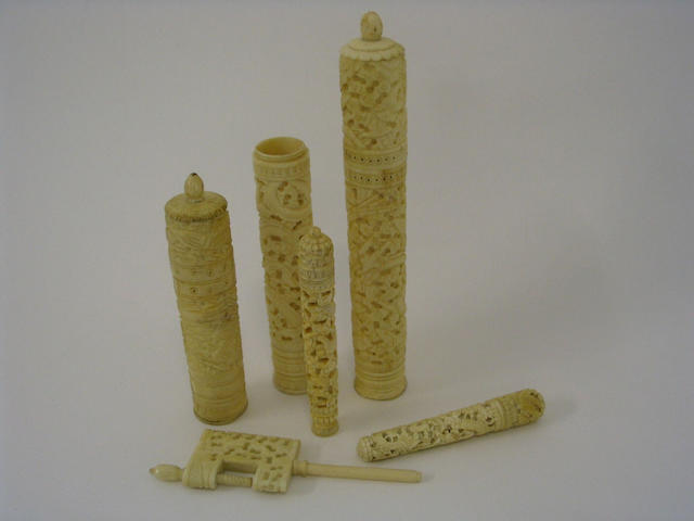 A 19th century Cantonese carved ivory cylinder tatting case,
