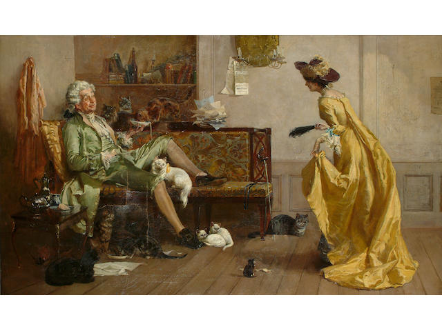 Percy Thomas MacQuoid (British 1852-1925) Peg Woffington visiting an eccentric cat lover, 72 x 118 cm (28 1/4 x 46 1/2 in)
