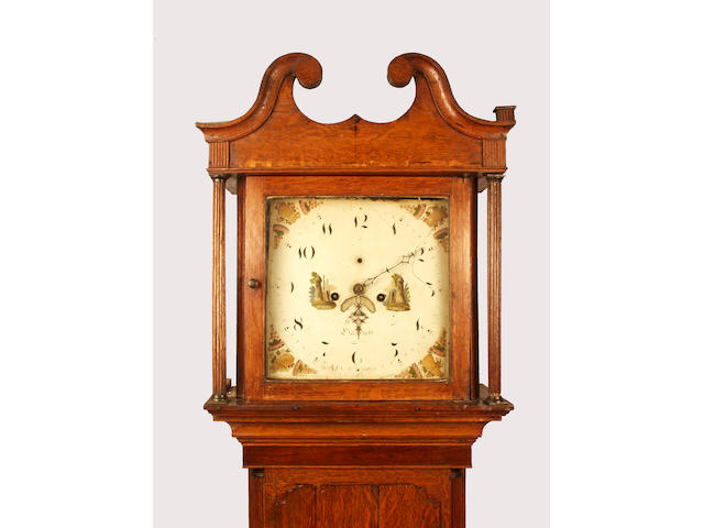 An oak cased eight day longcase clock with painted dial indistinctly signed Llancroft,