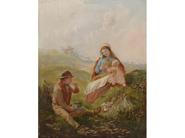 English School,19th Century, Country landscape with a young woman and baby playing with corn and a young man eating from a picnic hamper in the foreground, 25.4 x 20cm (10 x 7 7/8in)