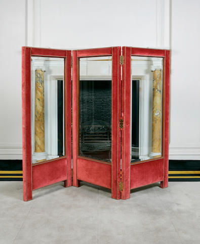 A mahogany and red velvet covered three-fold screen