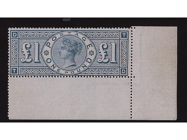 1887-92 Jubilee Issue: &#163;1 green TD, a mint example from lower-right corner of sheet, some slight gum distribution, otherwise fine and fresh.