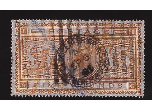 1882-83 wmk. Anchor on white paper: &#163;5 orange AG, used with bars and c.d.s. cancel, slight surface rubbing, otherwise fine.
