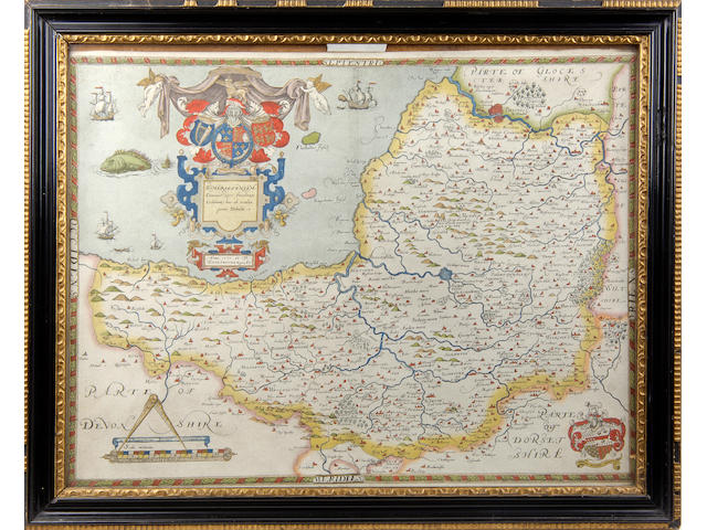 After Christopher Saxton (c.1543-c.1610) A map of 'Somersetensem' plate 41 x 52cm (16 x 20in).