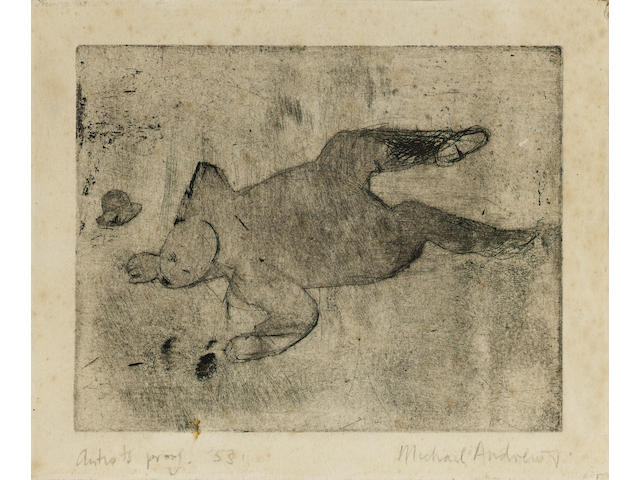 Michael Andrews A man who suddenly fell over Etching, 1953, on wove, with margins, signed, dated and inscribed 'artist's proof' in pencil; foxing, minor surface defects, 120 x 150mm (4 3/4 x 5 7/8in)(PL) unframed