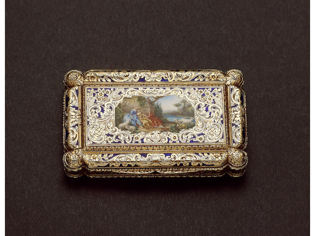 A late 19th century enamel and gold snuff box, stamped 750,