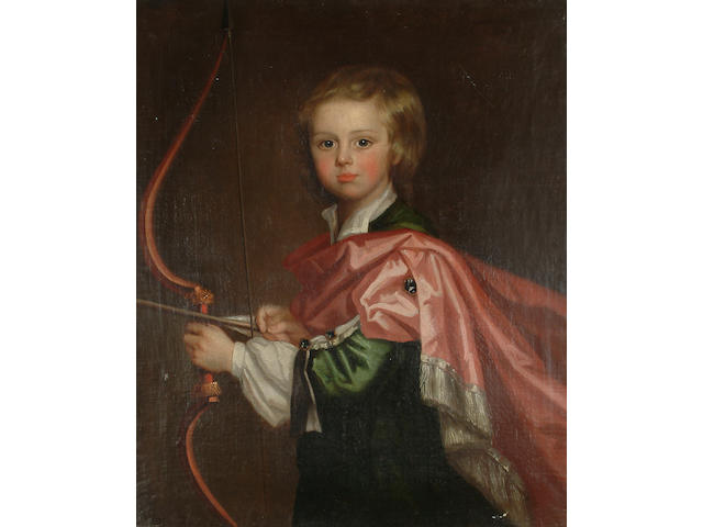 Circle of Sir Joshua Reynolds A portrait of a young boy, three-quarter-length, in a green coat with a salmon-pink wrap, holding a bow and arrow, 76.6 x 63.3 cm. (30 1/8 x 25 in.)
