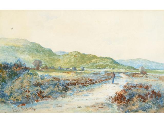 Albert Pollitt (fl.1889-1920) 'Man on a rural track with hills beyond', 28 x 44cm