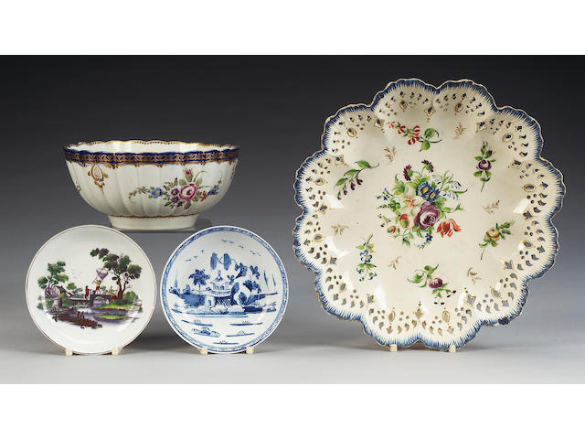 A Worcester 'Marriage' pattern fluted bowl, a Bow saucer, a Worcester saucer and a Wedgwood creamware dish, 18th century,