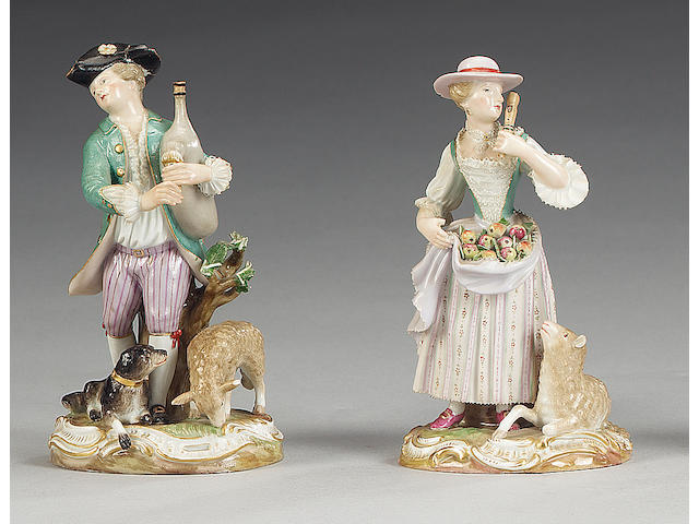 A pair of Meissen figures of a shepherd and shepherdess, mid 19th century,