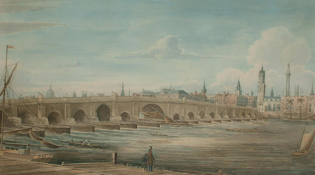 Gideon Yates (British, 1790-1837) London Bridge from Chamberlain's Wharf, Tooley Street, 31 x 54.5cm (12 1/8 x 21 3/8in)