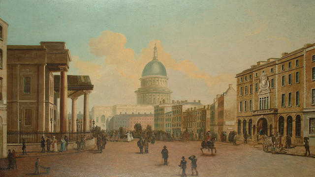 Follower of John Paul A busy street with a view to St Paul's, 55 x 94.2cm (21 3/8 x 37in)