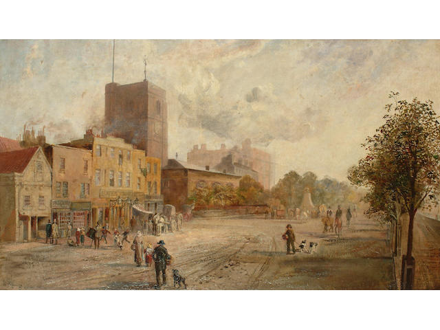 William Keeling (British, 1807-1886) Figures on Cheyne Walk with Chelsea Old Church, 50.7 x 85.7cm (19 7/8 x 33 5/8in)