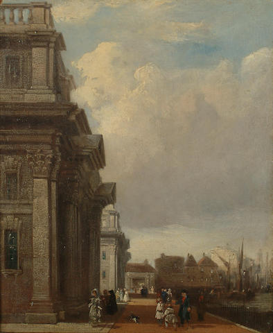 Attributed to James Holland Greenwich Hospital, with figures by the Thames, 30 x 24.7cm (11 3/4 x 9 3/4in)