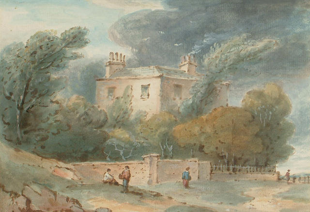 William George Jennings (British, 1763-1854) Figures outside a Georgian house, Hampstead, 14 x 20cm (5 1/2 x 7 7/8in)