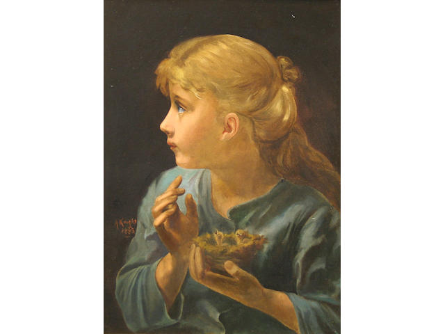 A. Knight Young girl holding birds nest with chicks, 58 x 42cm.