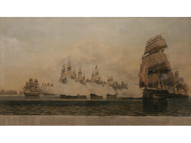 William Daniell "The homeward bound fleet of Indiamen from China under the command of Captain Dance engaging and repulsing a squadron of French men of war near the Straits of Malacca Feb 15th 1804" 44 x 77cm. (sight).