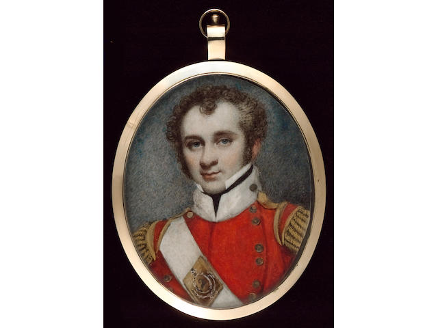 Irish School, An Officer, wearing scarlet coat, white collar, gold epaulettes, white shoulder belt, the gold belt plate inscribed with the number 2