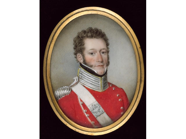 English School, An Officer of the Somerset Light Infantry (13th Foot), wearing scarlet coat with silver epaulette, white sword belt with plate bearing number XIII within laurel branches