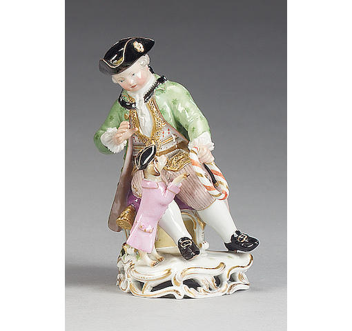 A Meissen figure young man, circa 1880 and a pair of Continental figures of ladies,