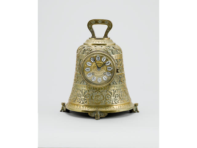 A second half of the 19th Century French cast brass mantel clock in the form of a bell, the movement by Japy Freres