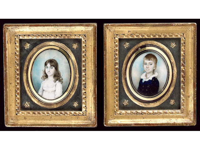 Walter Stephens Lethbridge, A group of four portraits of children of the Hardinge family: two girls, wearing white dresses with high waistbands; Edward, wearing blue skeleton suit and frilled white collar; and a boy, wearing white smock