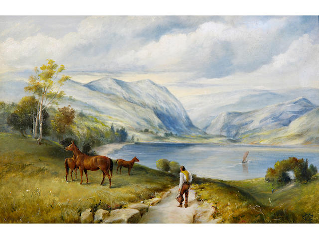 English School (19th Century) Figure on a path in a mountainous landscape 30 x 45cm (12 x 17&#190;in), and a companion, a pair. (2)