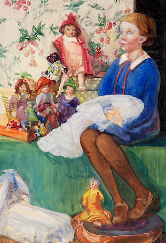 Anna Airey (1882-1964) Child with dolls 33.5 x 24.5cm (13 x 9&#189;in).