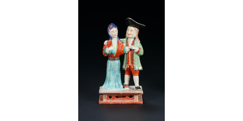 A fine and very rare famille rose model of a dancing European couple Qianlong