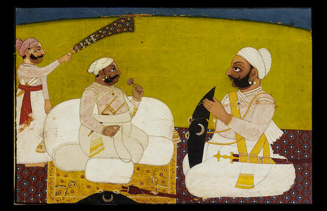 A prince seated in discussion with an officer on a terrace Rajasthan or Central India, circa 1800