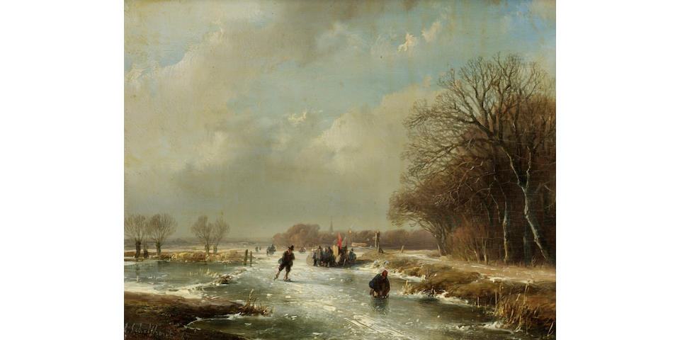 Andreas Schelfhout (Dutch 1787-1870) Winter landscape with skaters 14 x 18 cm. (5 1/2 x 7 in.)