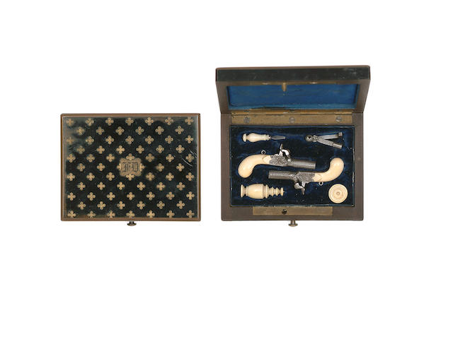 A Cased Pair Of Continental Working Miniature Percussion Box-Lock Pistols