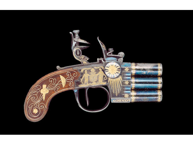 An Historic Gold-Inlaid 120-Bore Three-Barrelled Flintlock Box-Lock Tap-Action Pocket Pistol Present