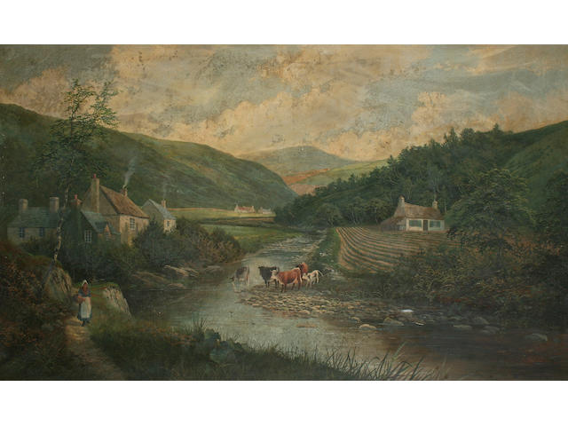 Albert Dunington River landscape with cattle watering and figure on a path, 75 x 126cm.