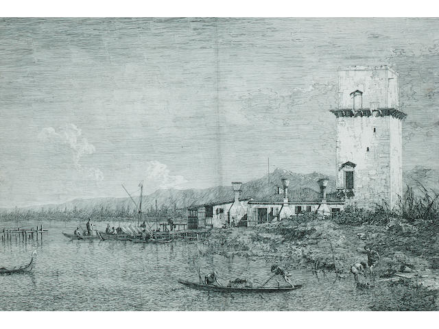 Antonio Canal, called Canaletto La Torre di Malghera Etching, c1744, a fine dark impression of the second state of three, before the addition of the 'E4', on laid; trimmed along the platemark, some minor tears to the sheet edges, unexamined out of the frame, 298 x 430mm (11 3/4 x 16 7/8in)(SH) Together with 'Mestre' (B3) a good impression of the second state of two, with 'E1' lower right; narrow margins, some minor foxing, 2