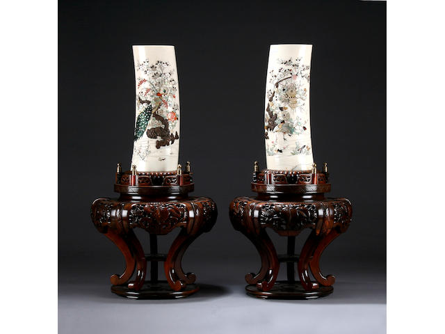 A pair shibayama ivory tusk vases, Meiji period